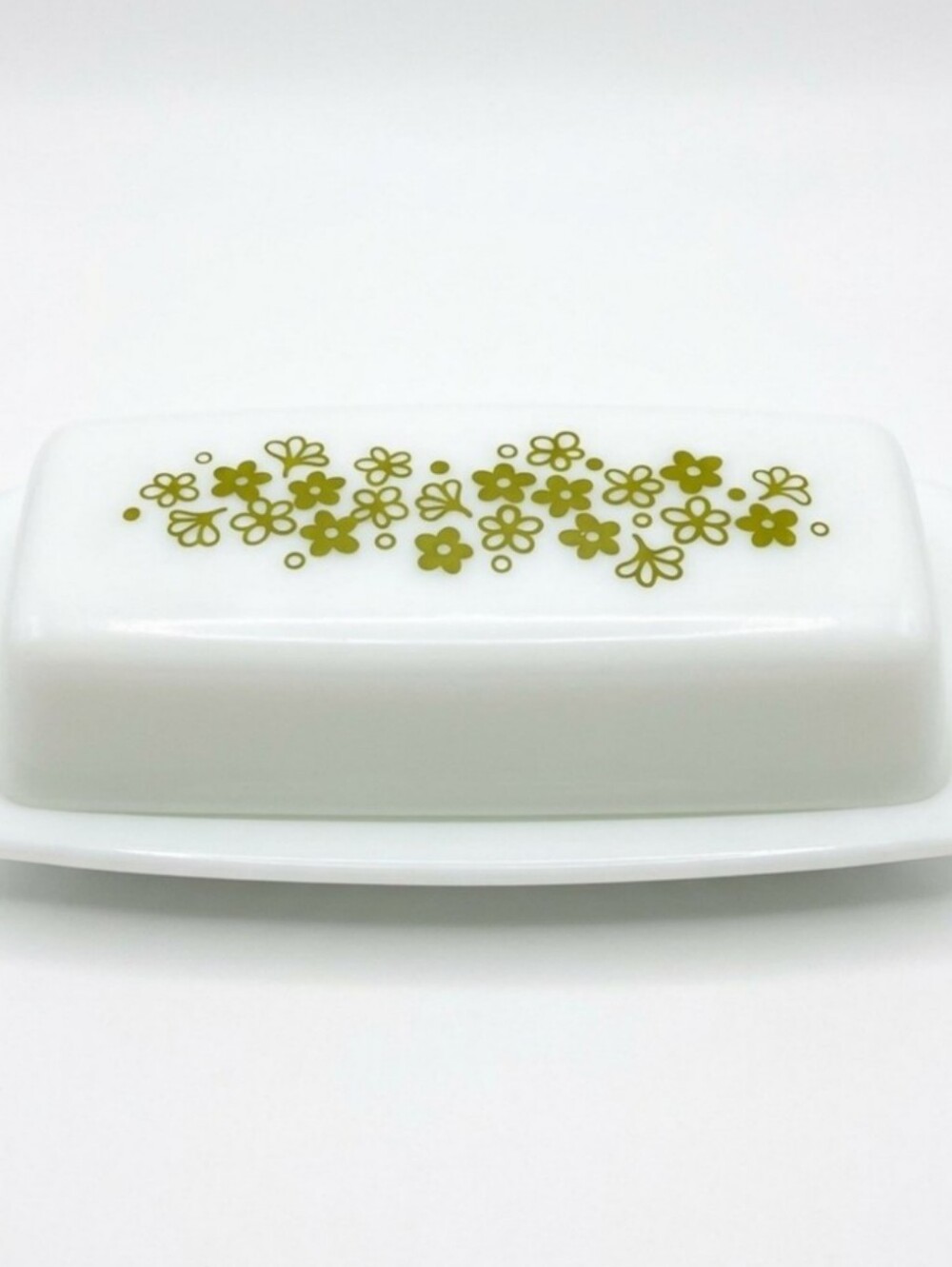 VINTAGE PYREX Olive Green  Crazy Daisy Butter Dish with Lid 72-B Milk Glass